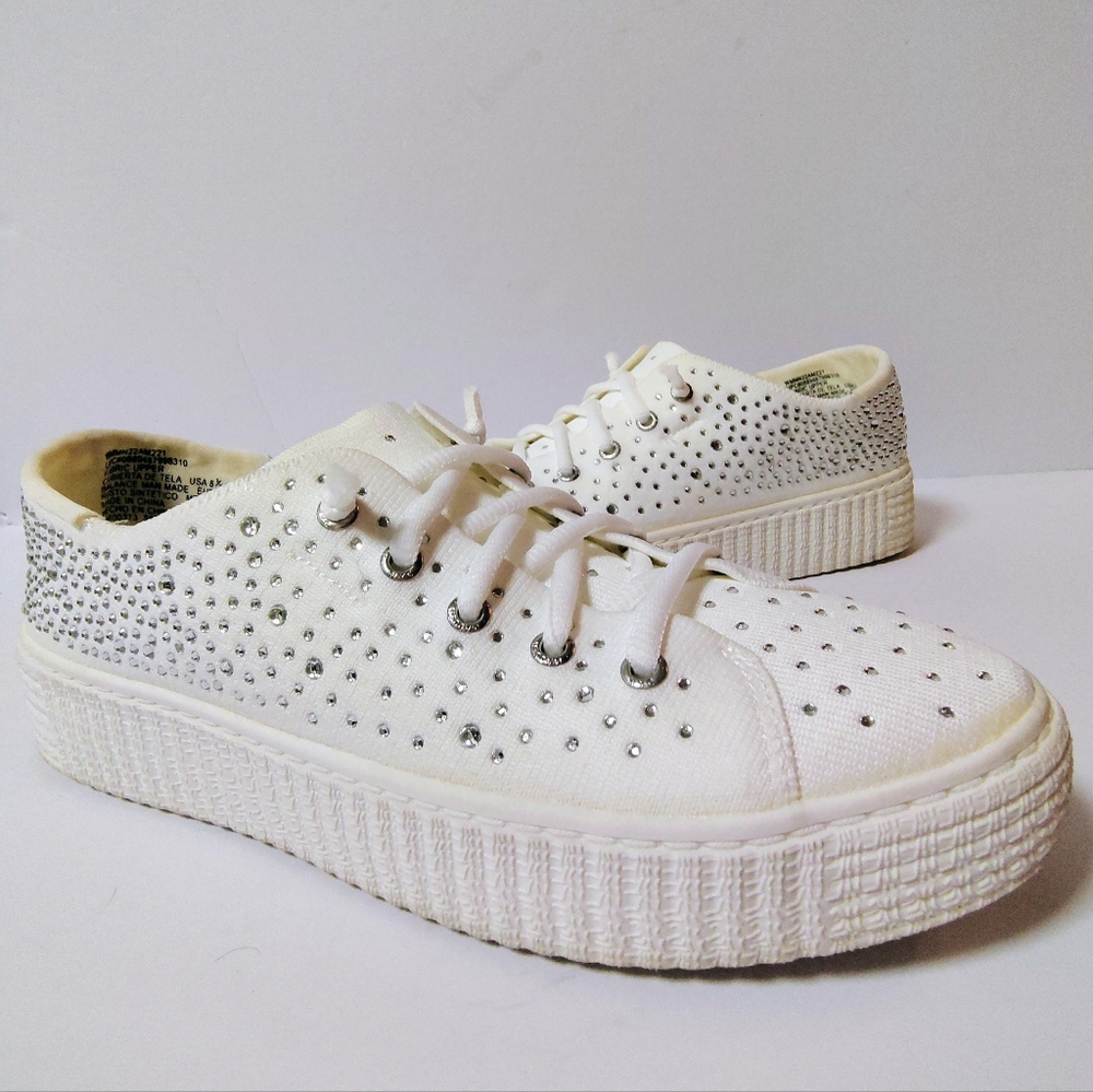 Madden NYC Women's Platform Slip-On Rhinestone Embellished Sneakers White 8.5